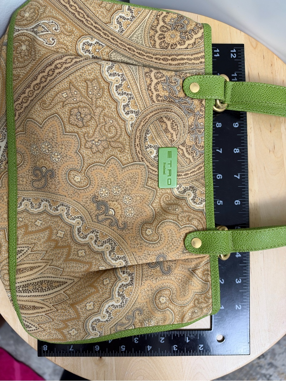 Etro Beige Paisley Bag with Green Trim and Handles - Picture 7 of 8